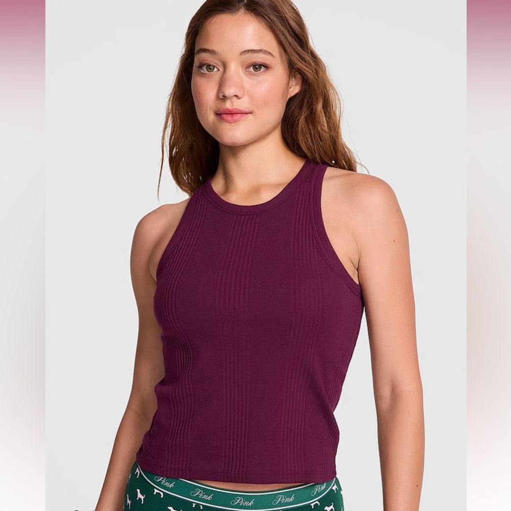 PINK Ribbed Tank with Built-In Bra Purple XL Stretch Lounge Top